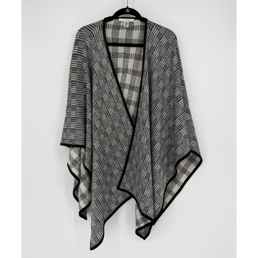 St. John Knit Wrap Cardigan Black White Plaid Reversible Look Open Front Sweater